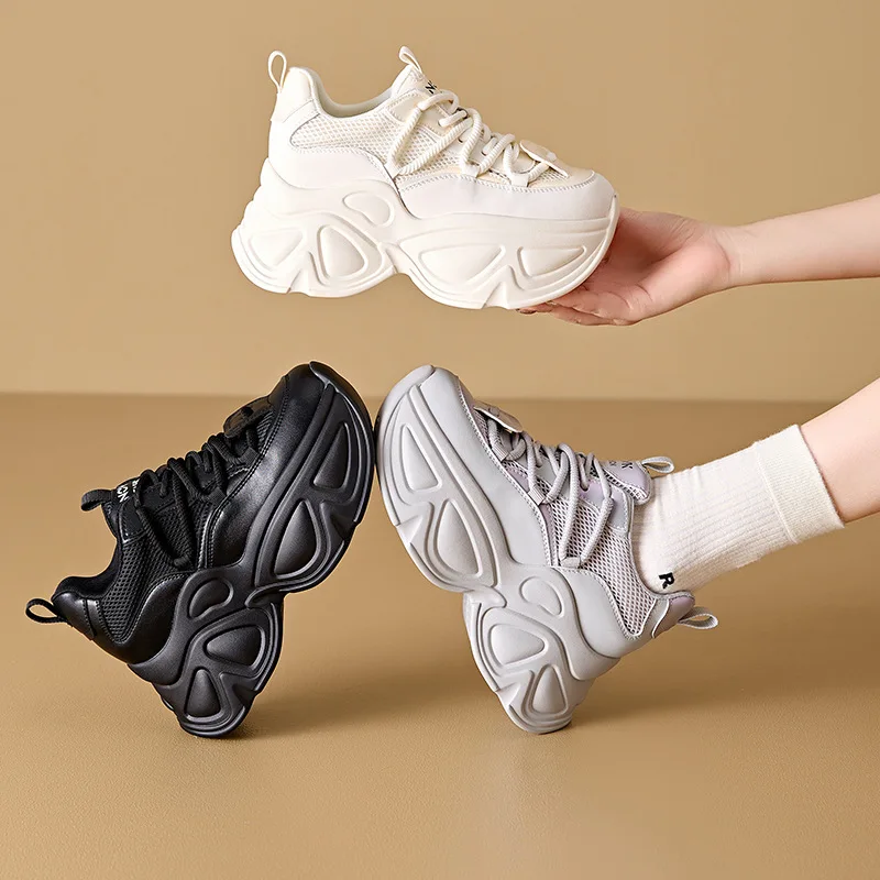 High Platform Wedge Sneakers Women Chunky Leather Shoes 2025 Deisgn Breathable Mesh Walking Sneakers 9CM Vulcanize Sport Shoes - view 6
