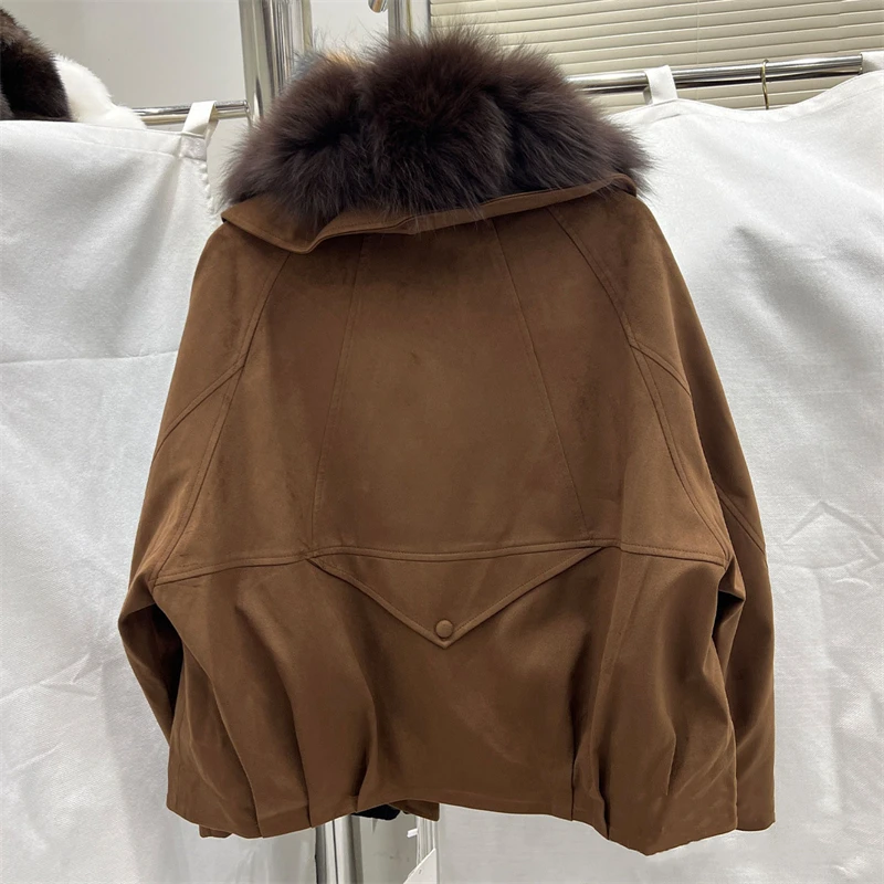 Women's Suede Down Jacket 2026 Winter Short Goose Down Coat with Natural Fox Fur Collar Fashion Warm Versatile Elegant Premium
