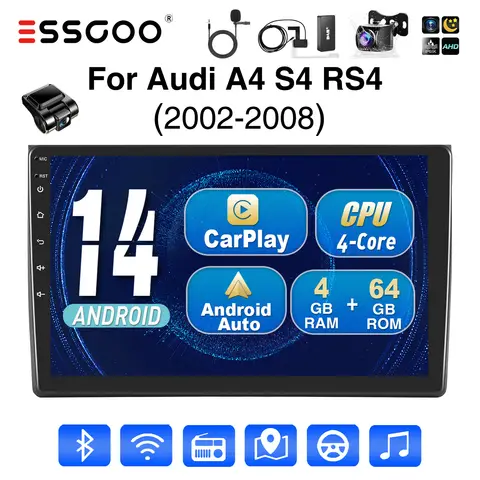 ESSGOO 9" Android 14 4+64G Carplay Car Stereo Head Unit for Audi A4 S4 RS4 RNS-E GPS Navi Wifi RDS DAB+ Radio Multimedia Player
