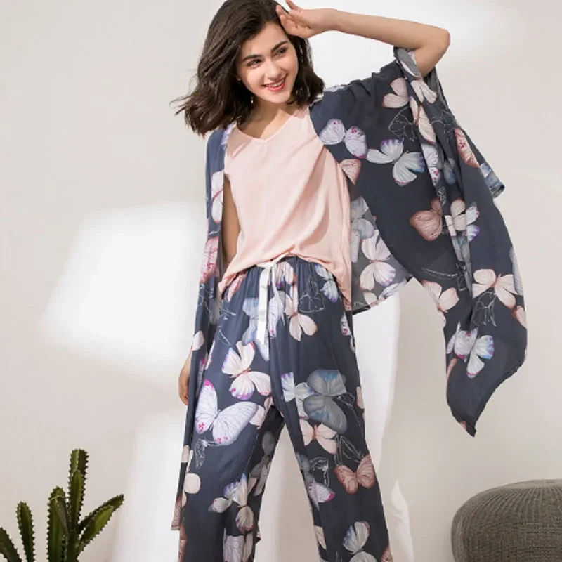 Conjunto de pijama estampado floral feminino, pijamas femininos, roupa de casa fina solta, rayon suave, estilo francês elegante, mais vendido, outono, novo, 4 peças