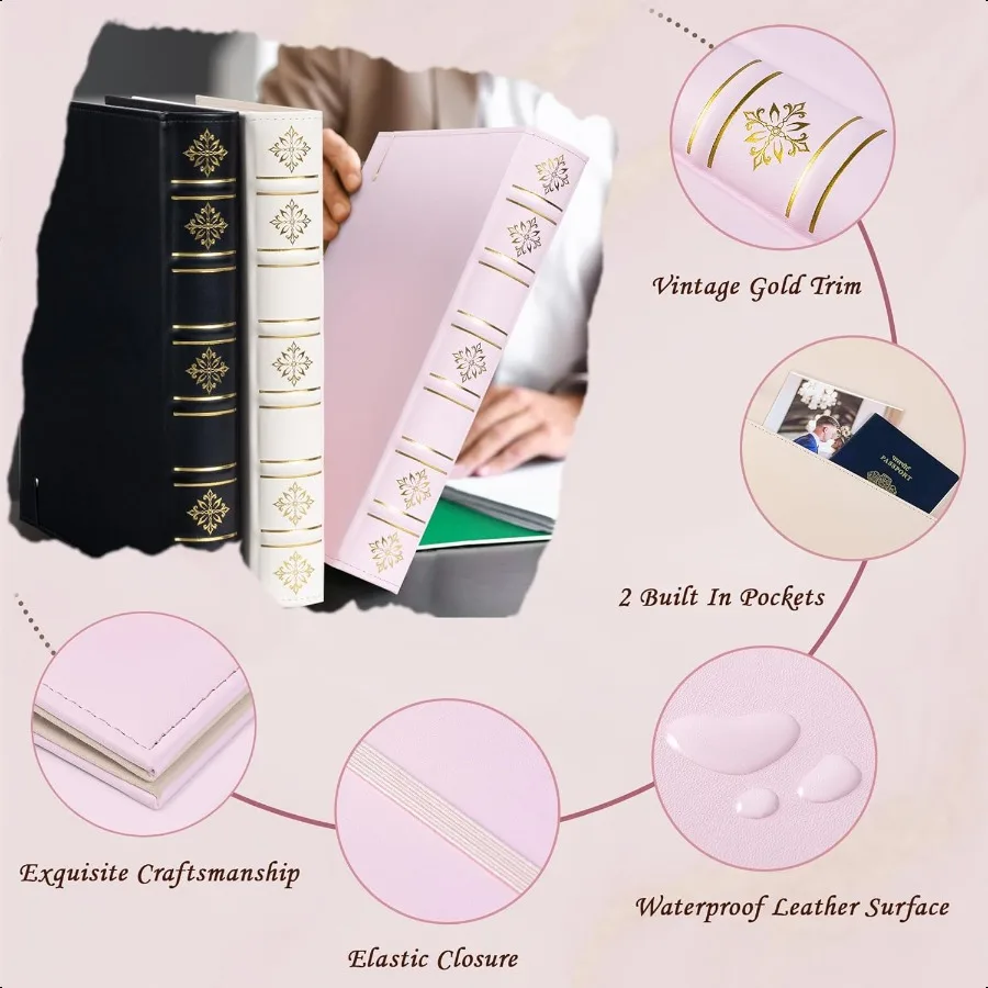 가죽 북스타일 1인치 3링 바인더 우아한 하드백 오거나이저 D링 탭 내장 포켓 탄성 스트랩 사무실 학교용