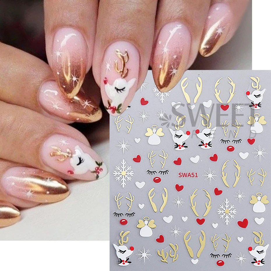 Christmas Nail Sticker 3D Winter Antlers Snowflake Elk Reindeer Cartoon New Year Decals Self-Adhesive Sliders DIY Manicure Decor