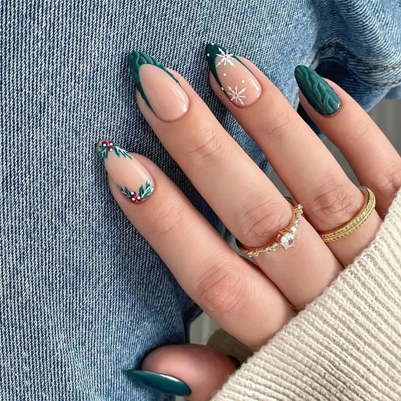 Cross-border Christmas 24-piece Nail Set, New Dark Green and Nude Pink, Women's Boutique Handmade Short Fake Nails