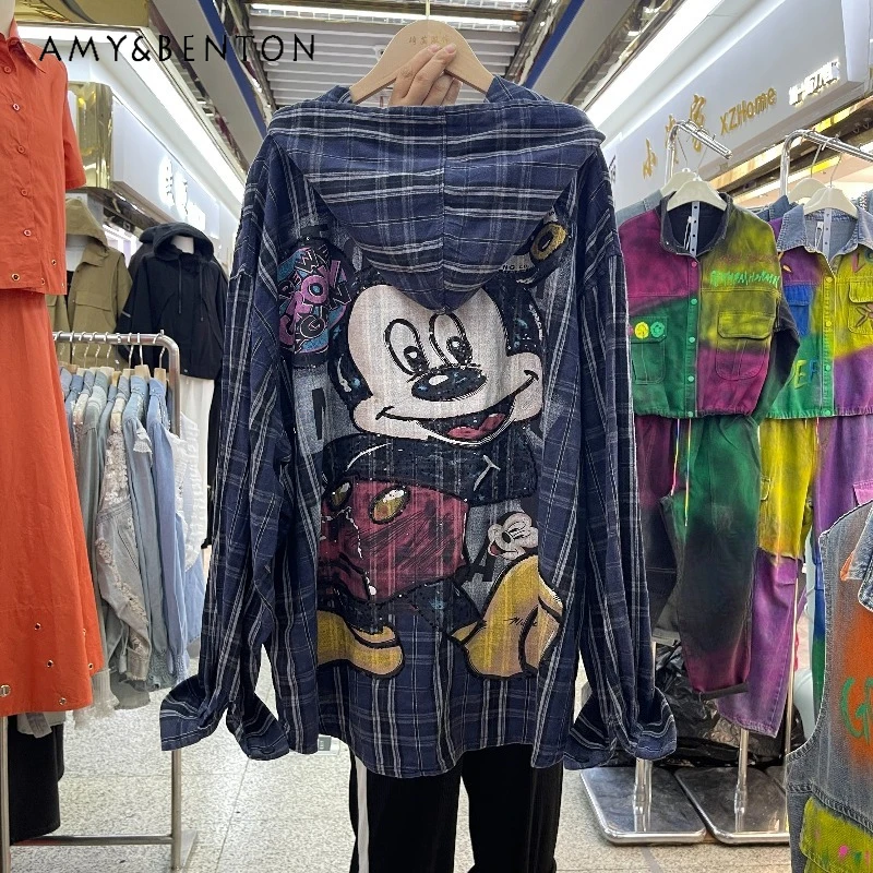 

2025 Early Autumn New Fashionable Versatile Slimming Plaid Jacket Top Long Sleeves Hooded Zipper Loose Cardigan Coat For Ladies