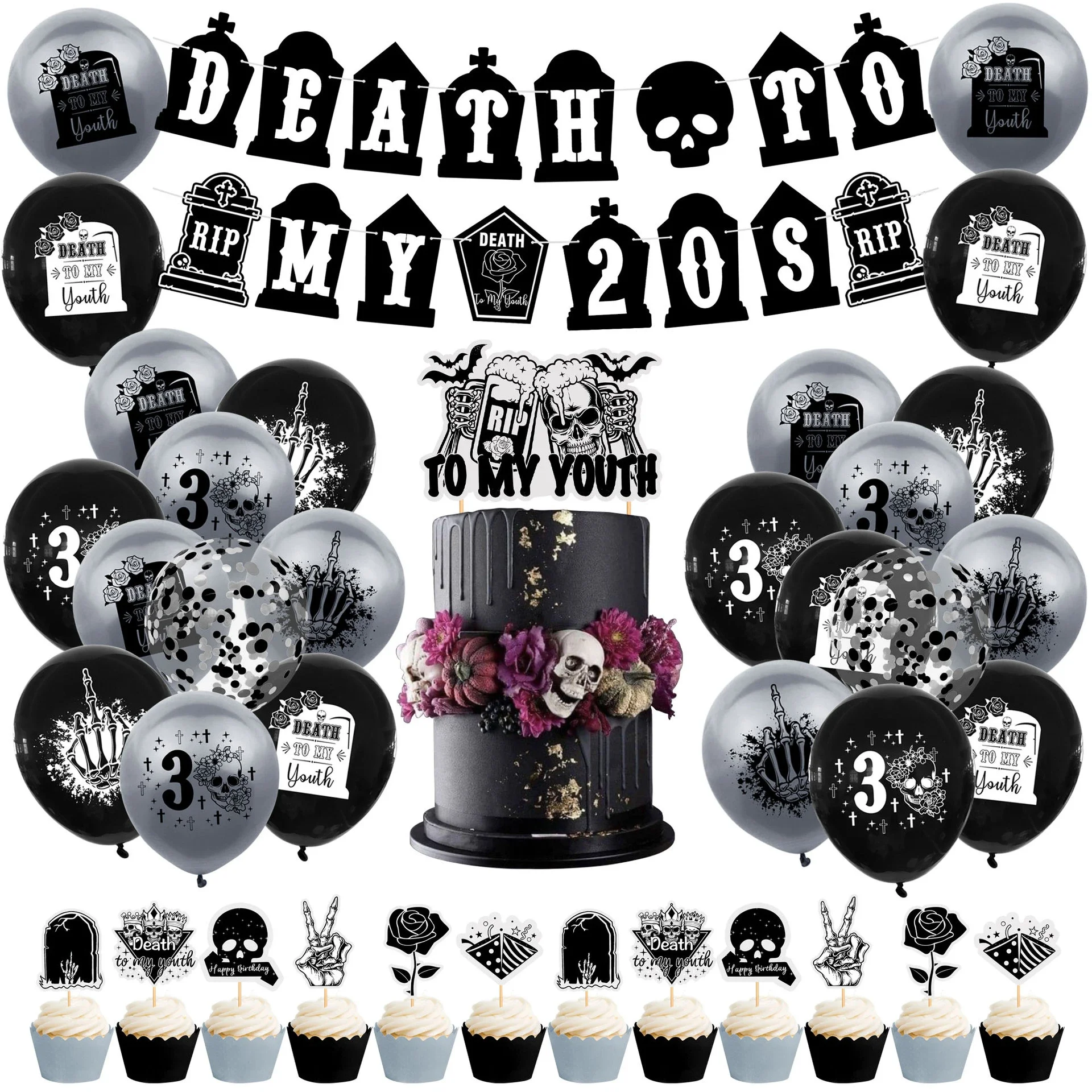 Death To My 20s 30th Birthday Party Decorations Black Rip Twenties Balloons Cake Topper Banner Rip To My Youth Party Supplies