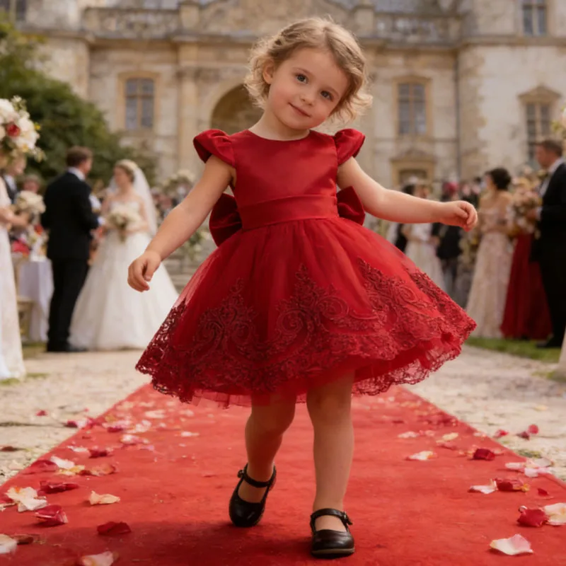 Elegant Party Dresses For Flower Girls Big Bow Puffy Princess Dress For Children 1st Birthday Party Wedding Baptism Prom Gown