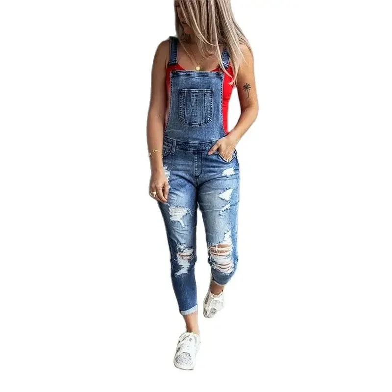 

Women American Style Vintage Suspenders Pants Female Fashion Broken Holes Denim Jumpsuit Pocket Pencil Jeans Rompers Streetwear