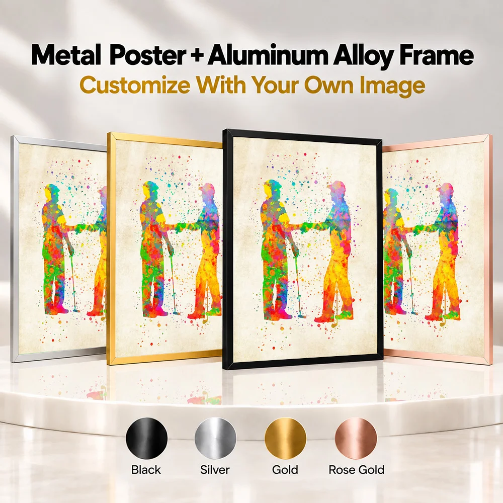 Golfers Handshake Framed Aluminum Metal Poster Customized Watercolor Portrait With Expressive Ink Splashes Wall Art For Study
