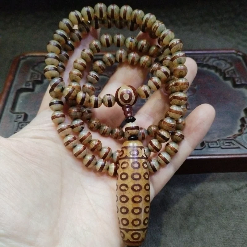 Vintage Banded Agate Prayer Bead Mala Necklace Tibetan Style Multi Eye Dzi Beads Boho Meditation Jewelry