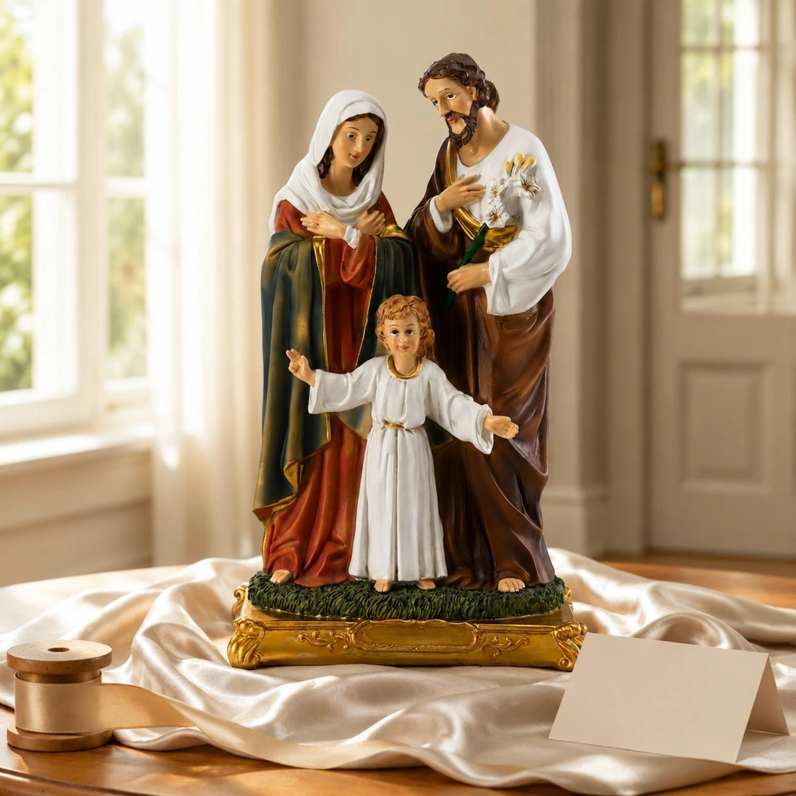 Holy Family Statue Resin Ornament Muted Tones Religious Home Figurine Classical Style Decor for Christian Living Space