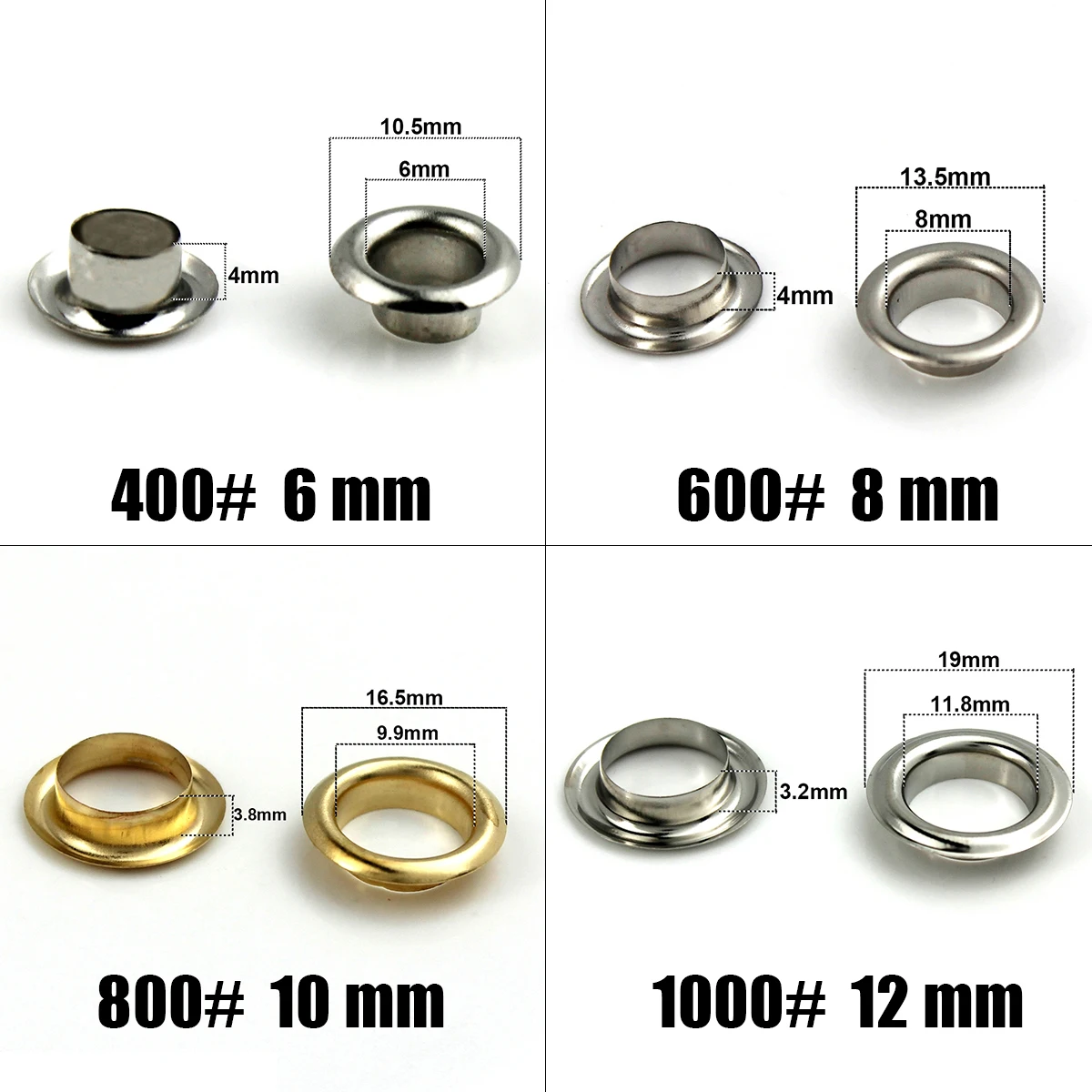 100sets 6/8/10/12mm Brass Eyelets with Washers Grommet Repairing Round Eye Rings for Shoes Bag Clothing Skin Belt Hat