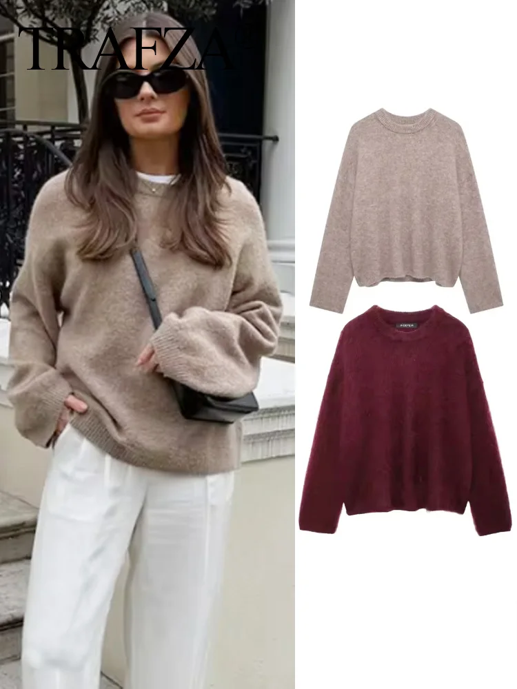 TRAFZA Women's Autumn Winter Solid Faux Mohair Khaki Pullover Sweater Female Elegant Loose Warm O Neck Knitted Cropped Sweater