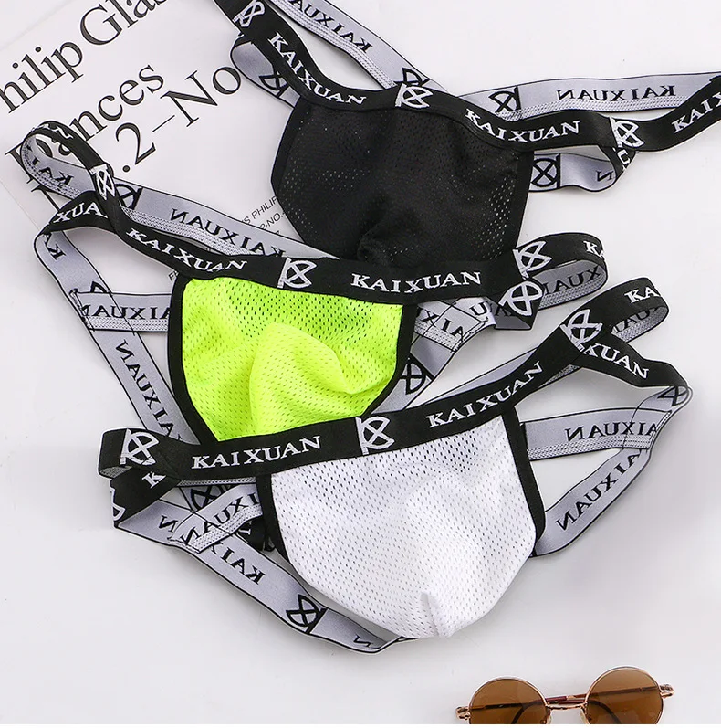 Męski stringi z siateczki lodowego jedwabiu, seksowne majtki z wypukłą kieszenią U, erotyczne, z odkrytymi pośladkami, elastyczne, kontrastowe kolory.