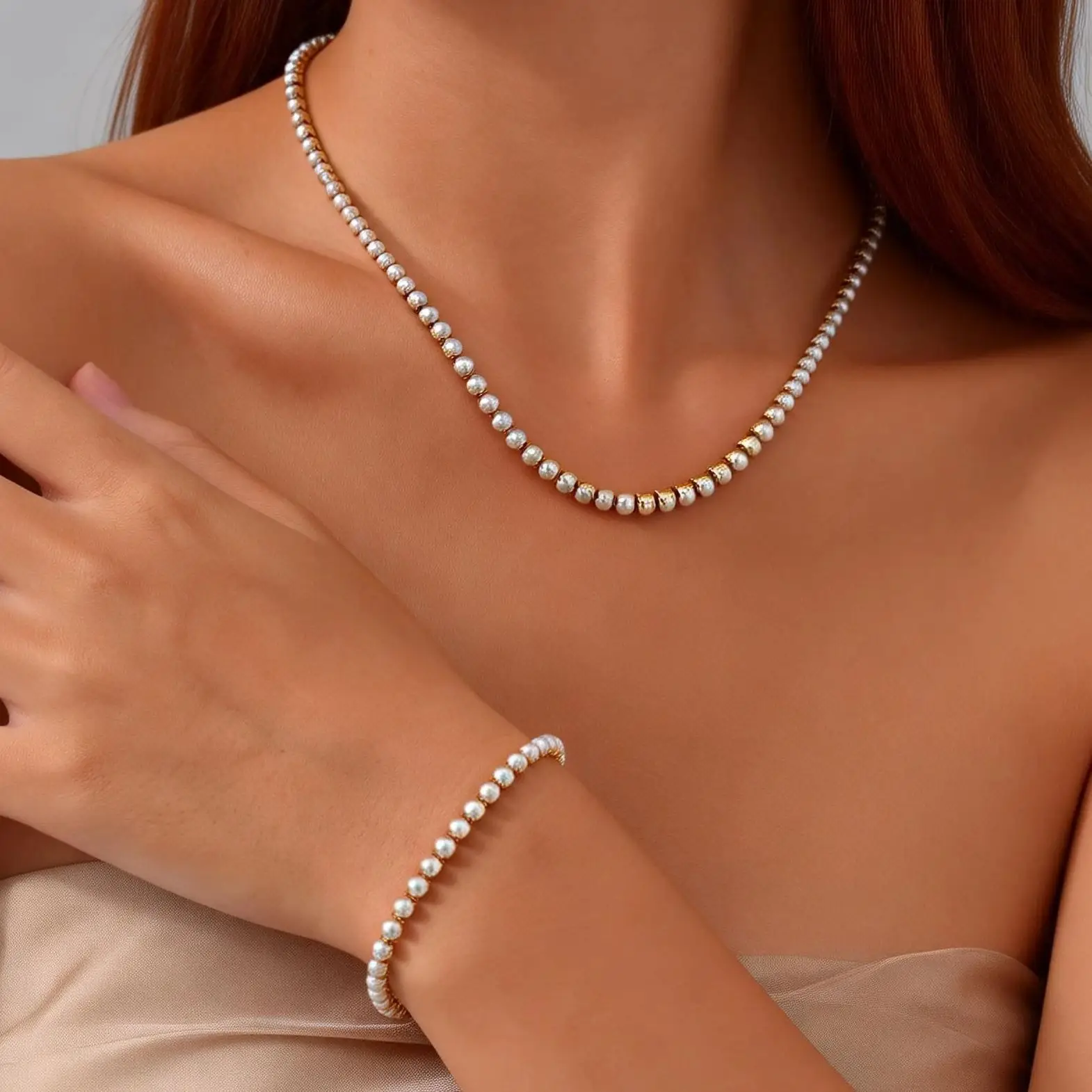 Women's Imitation Pearl Tennis Chain Necklace Bracelets, Stainless Steel 18K Gold Plated Fashion Chic Jewelry Set Gift