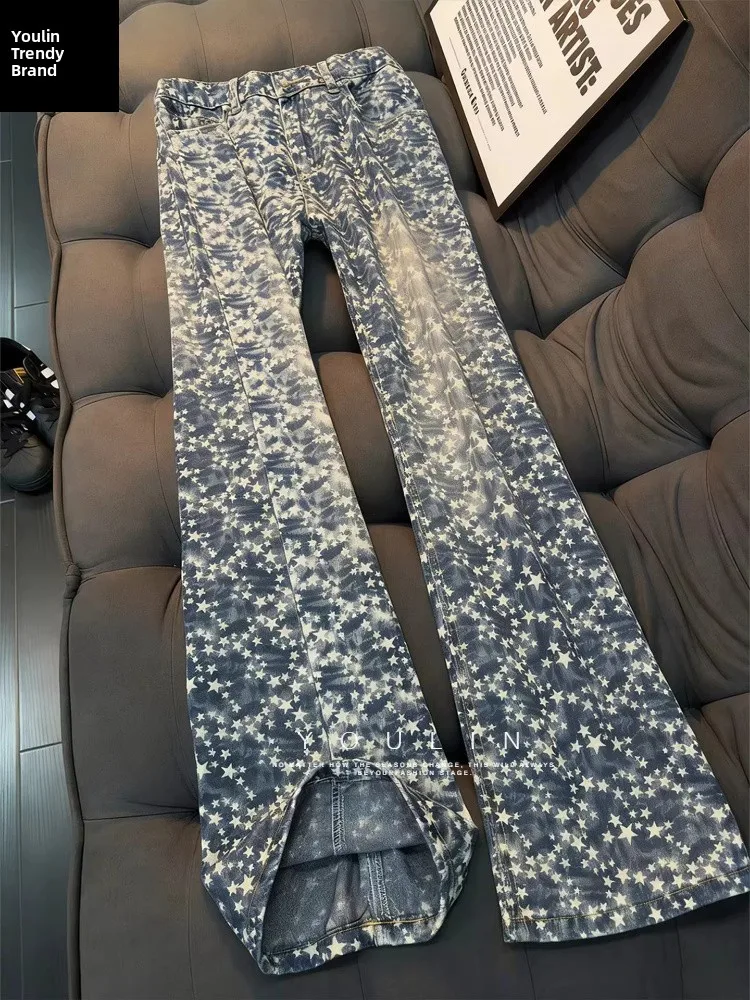 

Faionable Embroidered Waed Tie Dye Men's Jeans Straight Leg Micro Flared Pants Spring Autumn Wear Resistant Youth Sle