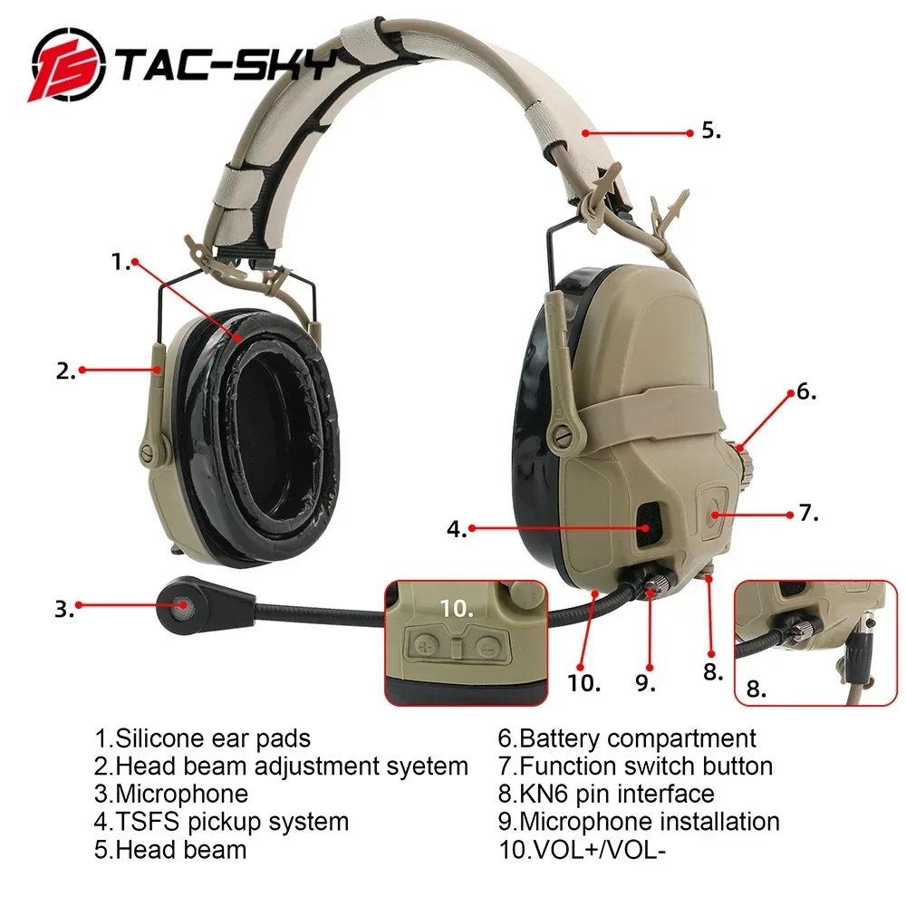 TAC-SKY Outdoor Shooting Game Dual-Mode AMP Tactical Communication Noise-Canceling Headset with ARC Rail Helmet Mount Adapter