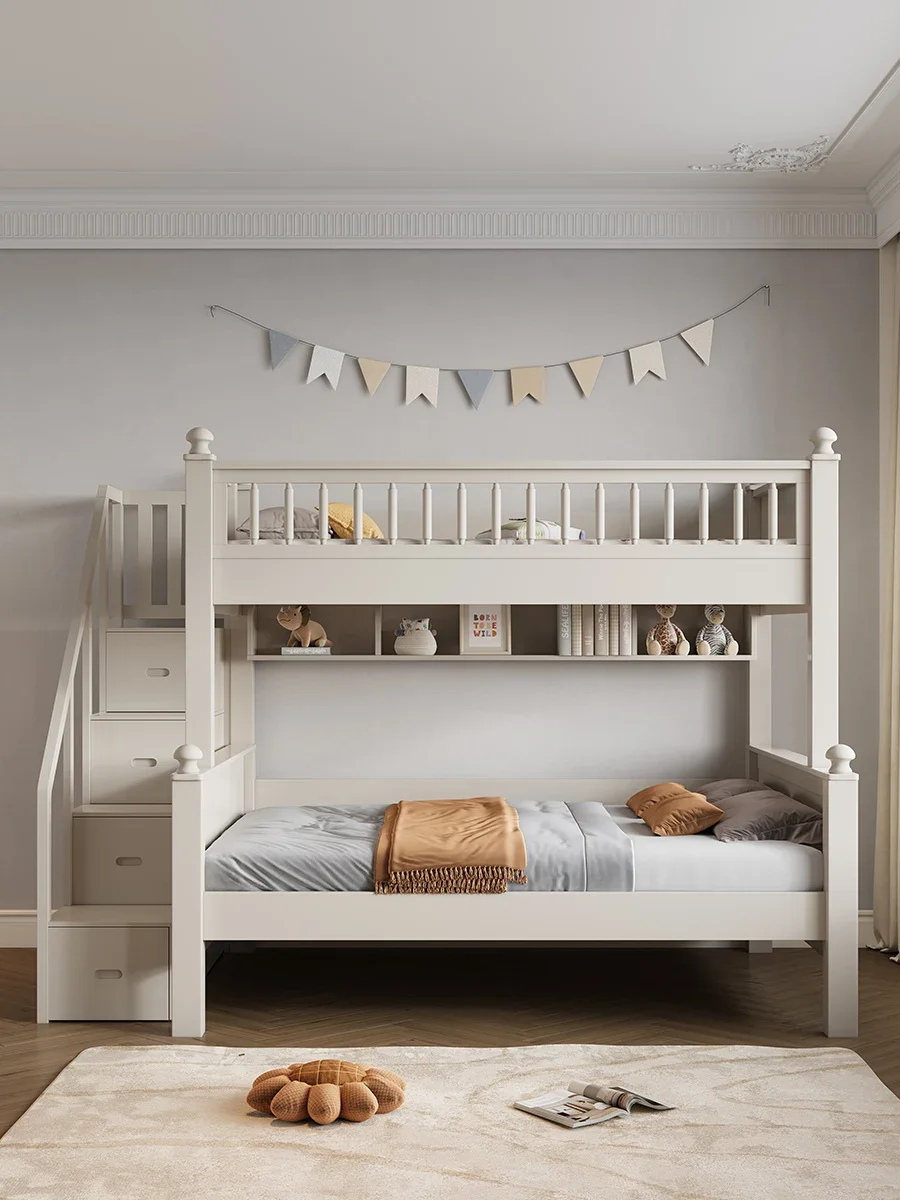 

Adult full solid wood upper and lower bunk beds Small apartment children's wooden bed with trailer