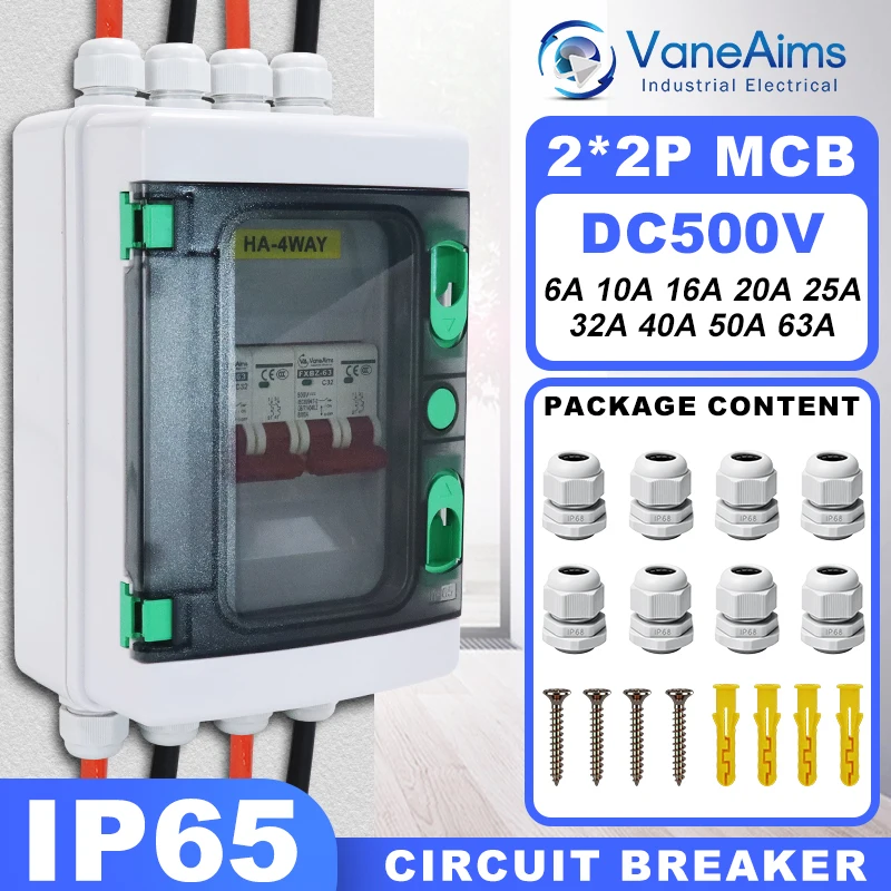 VaneAims DC Circuit Breaker Box with UV-Proof Cover Electrical Power Distribution Box 2 in 2 Out PV Solar Disconnect Switch Box