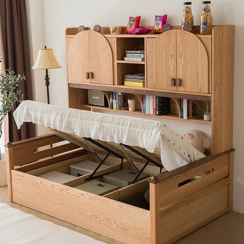 MS MX Pure Solid Wood Children's Bed With Side Cabinet Bookshelf Log Wind Wardrobe Bed Integrated Against The Wall Storage Bed C