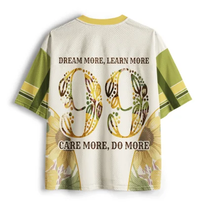 V Neck Mesh Short Sleeve Jersey, Sunflower Floral With Inspirational Text Print Tee, Vintage Botanical Casual Loose Street Top