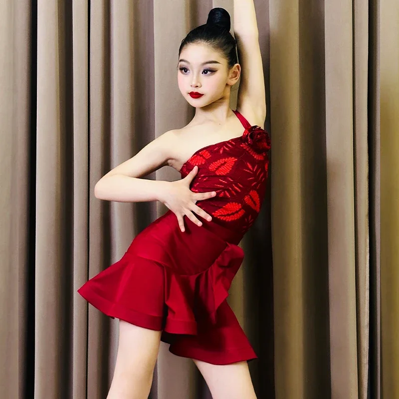 فستان قاعة الرقص اللاتيني للفتيات، ملابس الرقص اللاتينية للأطفال، زي السالسا، فساتين قاعة الرقص للأطفال باللون الرمادي والأحمر