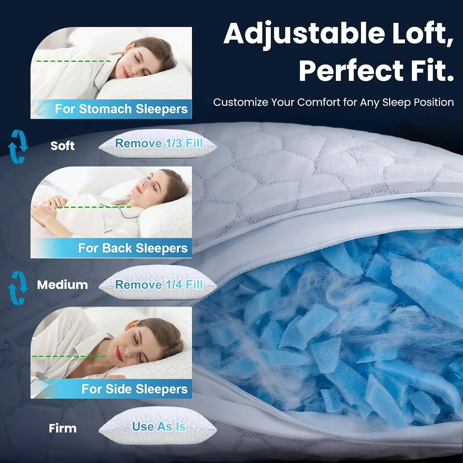 Double Sided Cooling Pillow for Hot Sleepers, Shredded Memory Foam Queen Size Set of 2, White