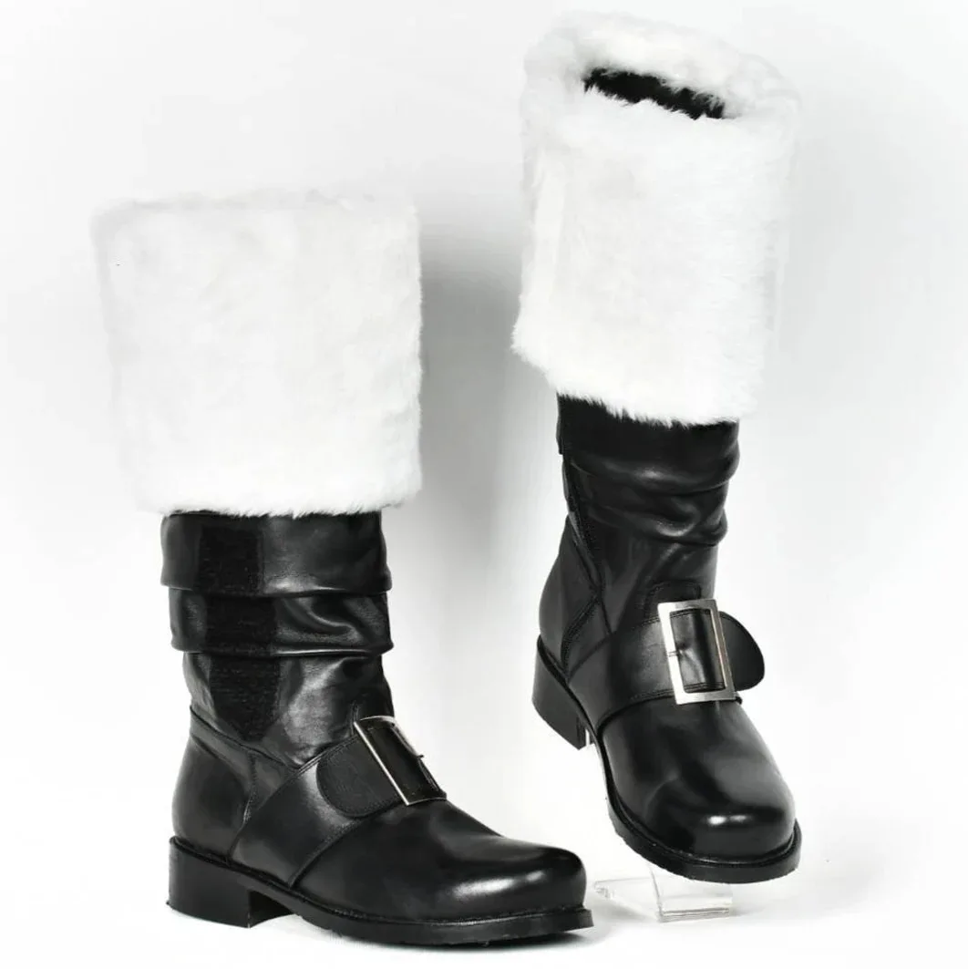Herren Weihnachts-Weihnachtsmann-Stiefel mit Weitem Schaft, Kampfstiefel mit Weißem Plüschfellbesatz und Goldener Schnalle für Halloween-Cosplay-Kostüm – Detail 9
