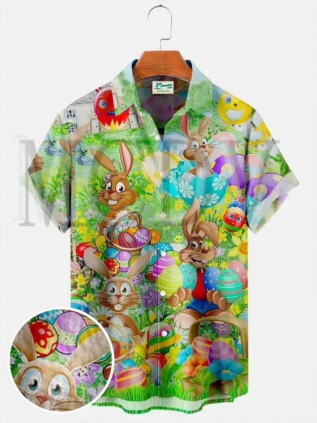 Royaura Easter Bunny Easter Egg Print Vacation Beach Hawaiian Oversized Aloha Wrinkle-Free Shirt Summer Shirts