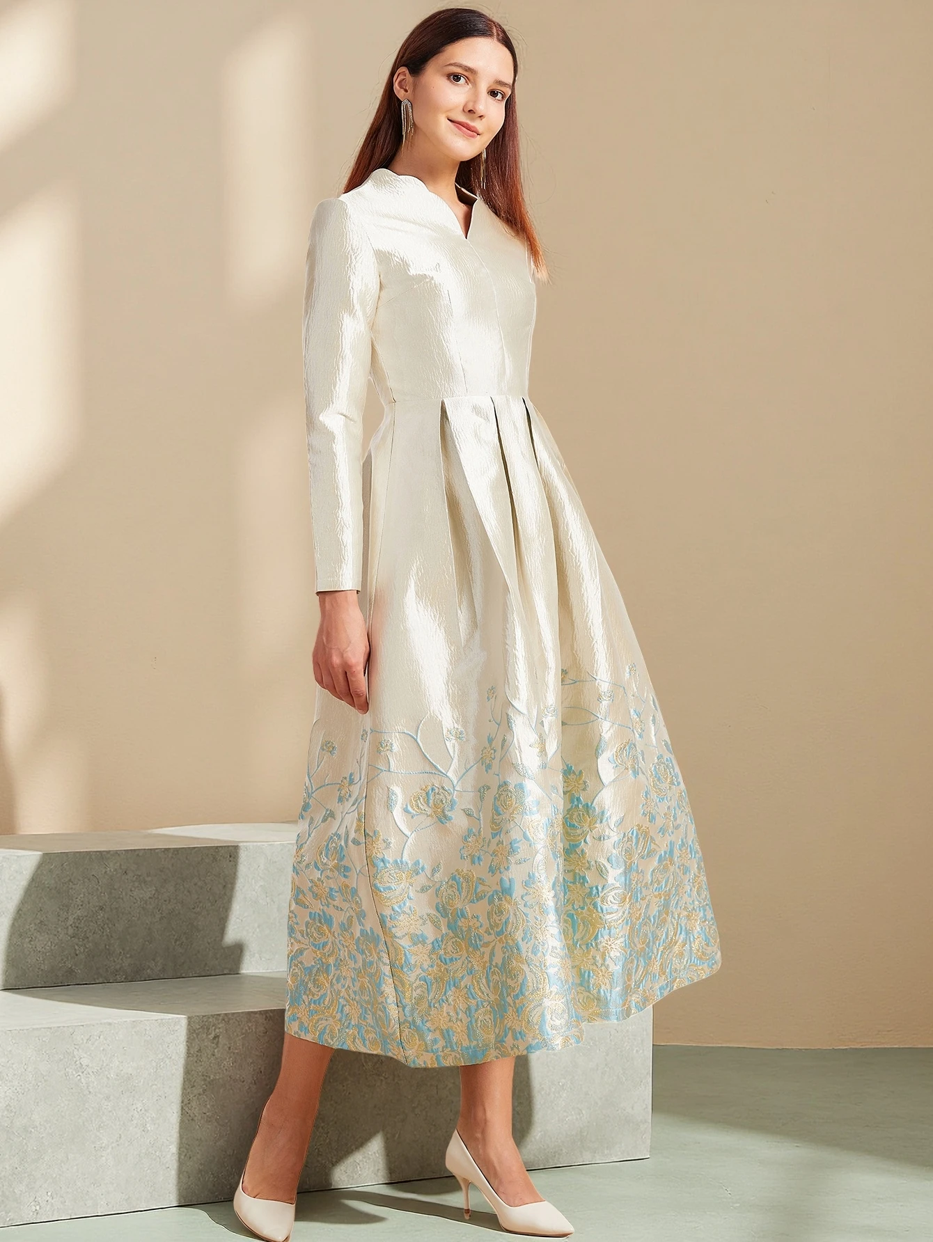 DEVCHATA Elegant Women Luxury Jacquard Long Maxi Dress Female Fashion New Arrival Floral Embroidery Evening Party Robe