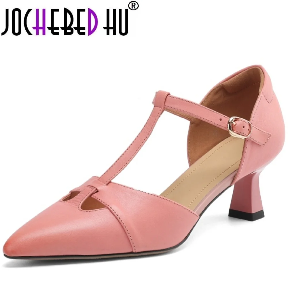 

【JOCHEBED HU】Women's genuine leather hollow-out t-strap Mid heel elegant ladies pointed toe retro female dress sandals 34-40