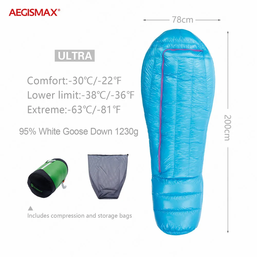 

AEGISMAX ULTRA Down Sleeping Bag 95% Goose Down Winter Backpacking -22℉~-36℉ Thicken Keep Warm Full Surrounded Sleeping Bag