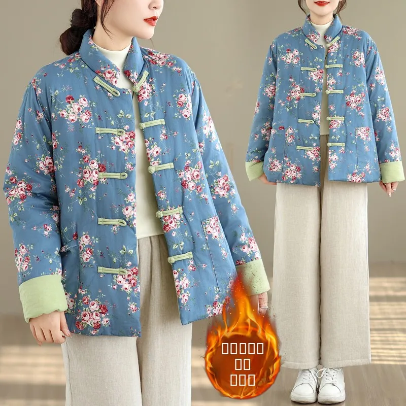 

Новая китайская женская зимняя куртка из хлопка с цветочным принтом, утепленная, с длинными рукавами, воротником-стойкой и пуговицами, теплая.