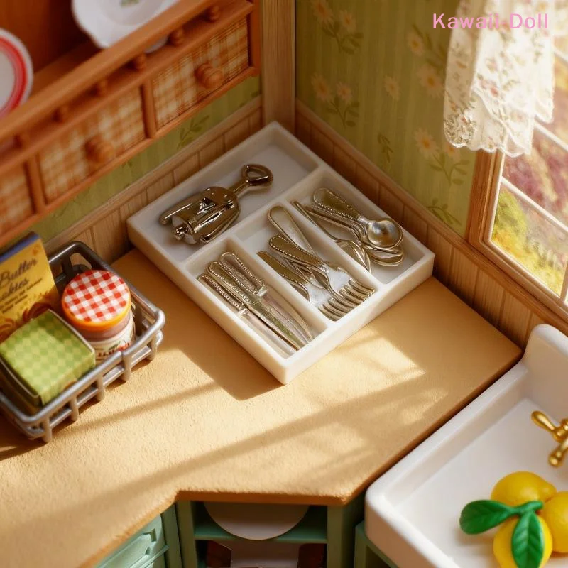 1 Set Puppenhaus Mini-Messer, Gabel, Löffel, Clips, Geschirr mit Aufbewahrungsbox, 1:12 Puppenhaus Küchenbedarf, Utensilien, Zubehör