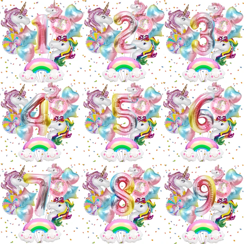yZ[z10pcs Unicorn Foil Balloon Set Macaron Rainbow Cloud Helium Balloons Baby Shower Kids Girls Birthday Party Decoration Globos