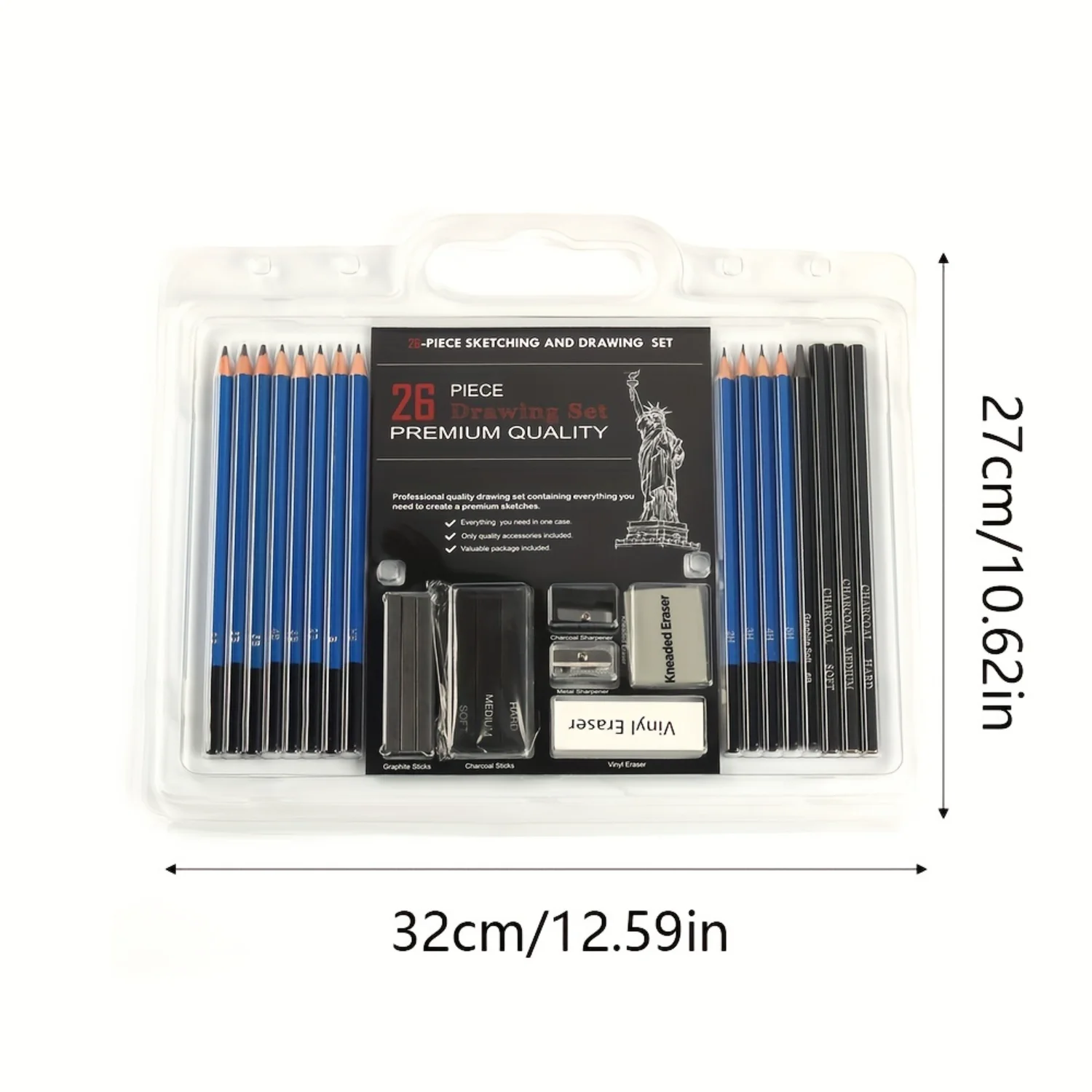 Professional Quality Sketching and Drawing Art Set - Graphite and Charcoal Pencils, Sticks, Sharpener, Erasers - Ergonomic Woode