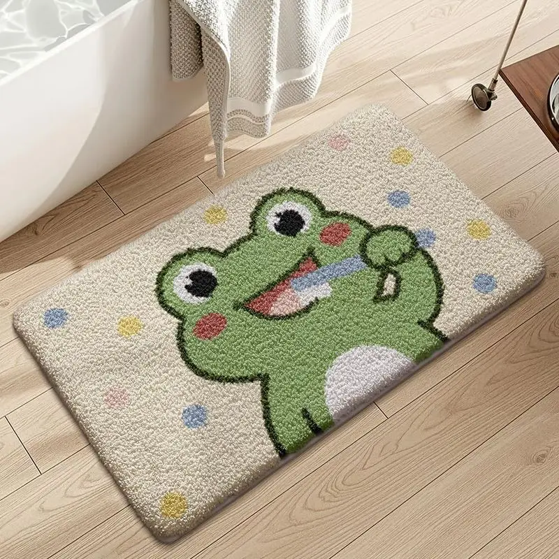 VIKAMA Cartoon Frog Area Rug Green Polka Dot Cute Non Slip Quick Dry Absorbent Bathroom Floor Carpet for Living Room Decor