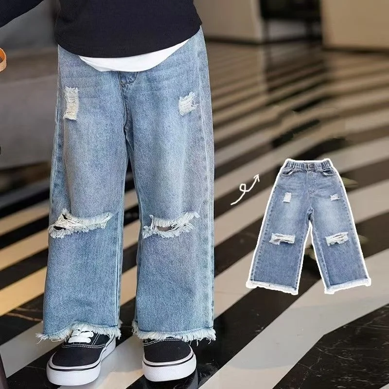 Girls' Jeans 2026 New Style Spring and Autumn Western Style Piercing Girl Baby Trendy Loose Straight Tube Jeans