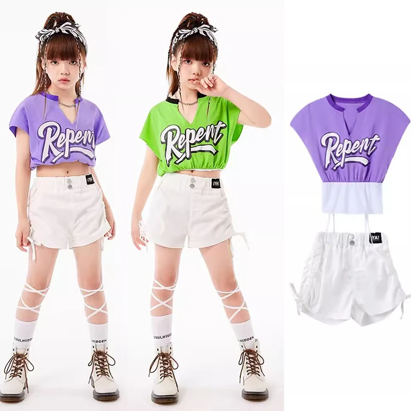 

Girls Kpop Jazz Dance Costume Green Purple Tops White Shorts Hip Hop Dancewear Cheerleading Clothes Festival Clothing DL10973