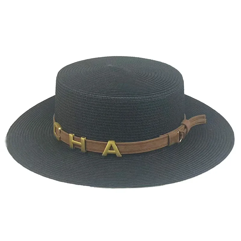Women Straw Sun Hat Summer Outing Resort Rhinestone Chain Belt Personality Flat Top British Vintage Visor
