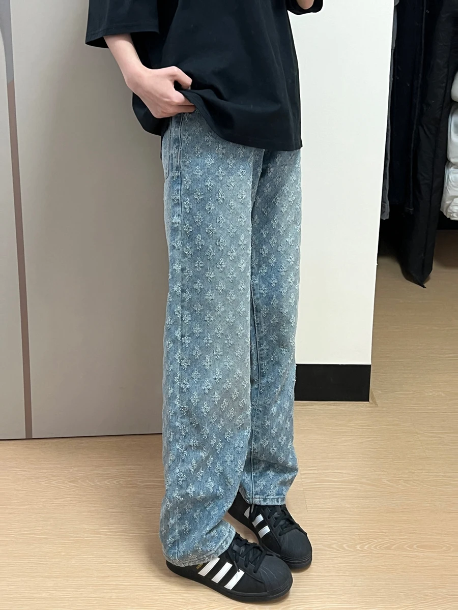 

Light Blue Embroidered Men's Jeans Spring Autumn Design Waed Bent Knife Pants Cleanfit Flared Straight Leg Long Trousers
