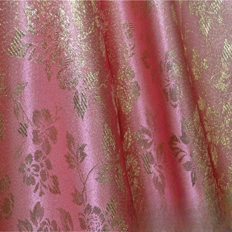 

Classical deep peach pink satin woven gold lustrous silk jacquard fashion fabric suit cheongsam dress