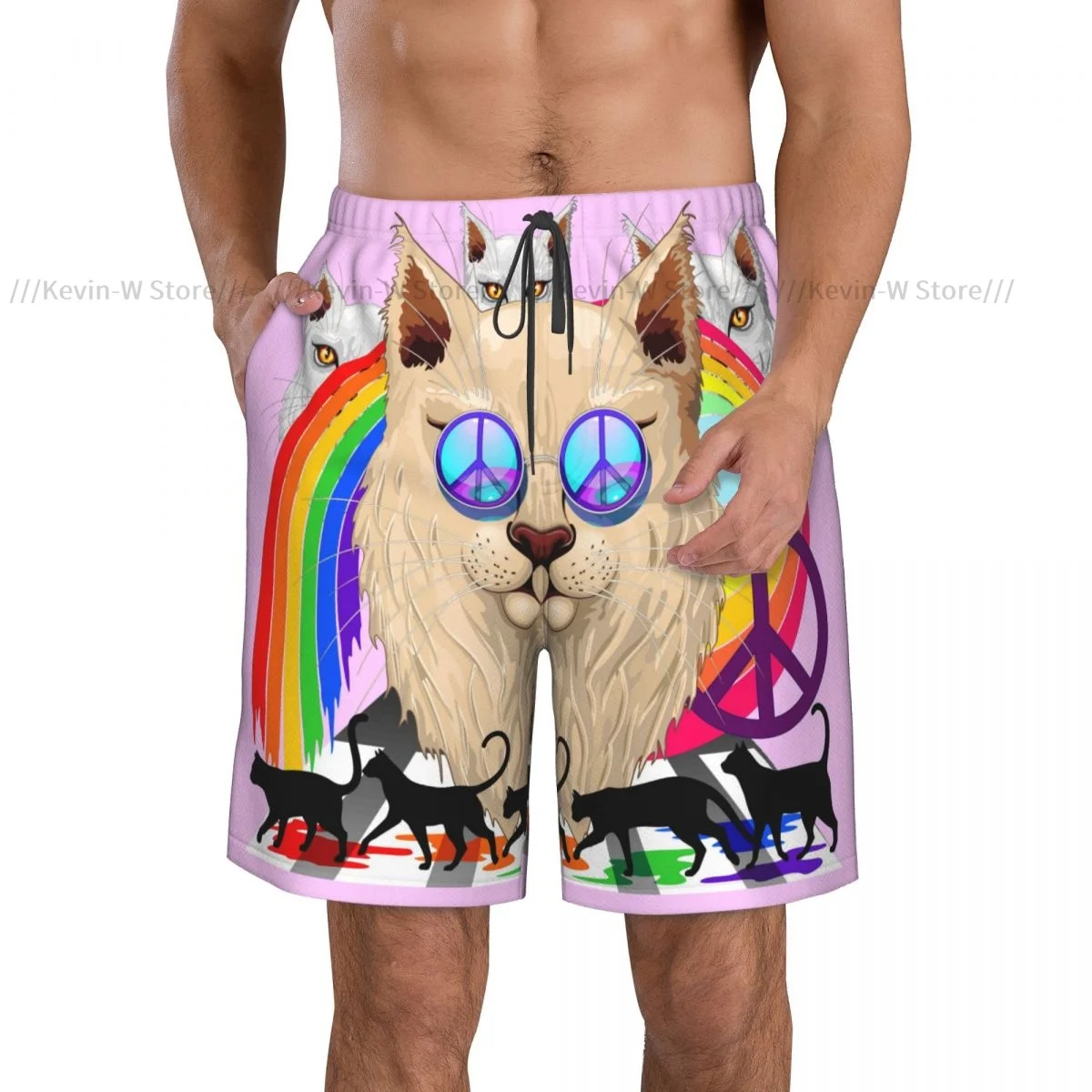 Summer Men's Swimwear Shorts Cat Rainbow Peace And Love Beachwear Swim Trunks Men Swimsuit