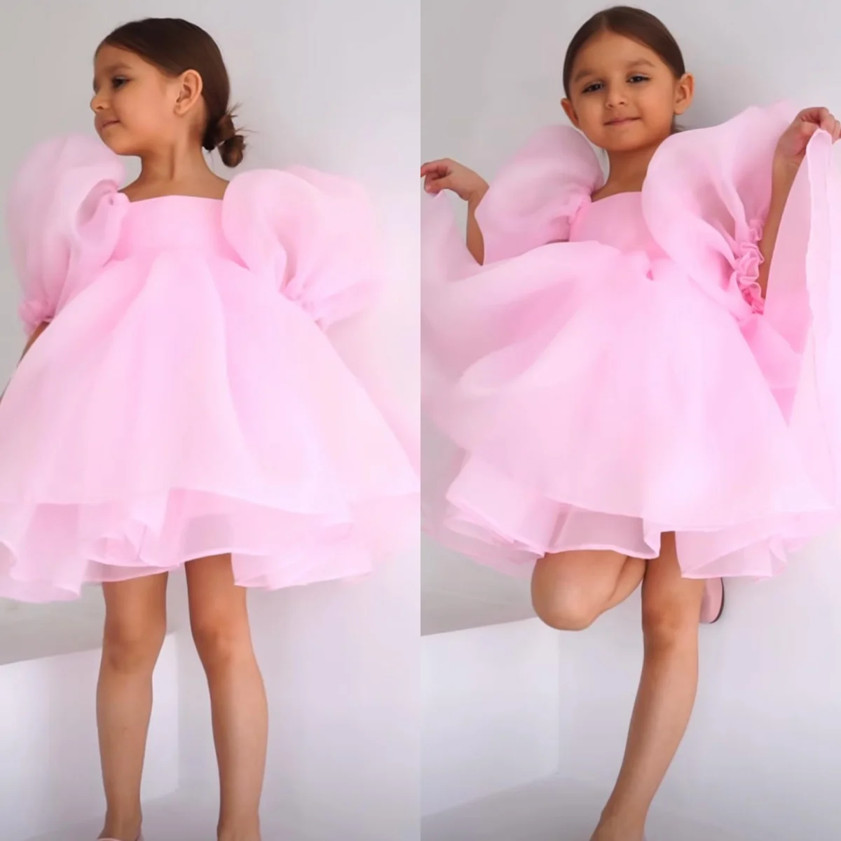 

Light Pink Flower Girl Dresses For Wedding Customized Short Sleeve Litter Kids Baby Birthday Gowns First Communion Dresses