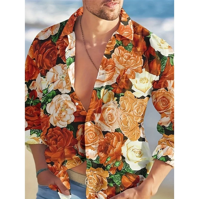 Flowers Plant Pattern Hawaiian Shirts For Men Colorful Rose 3D Printed Blouse Casual Long Sleeve Lapel Button Tops Aloha Shirts