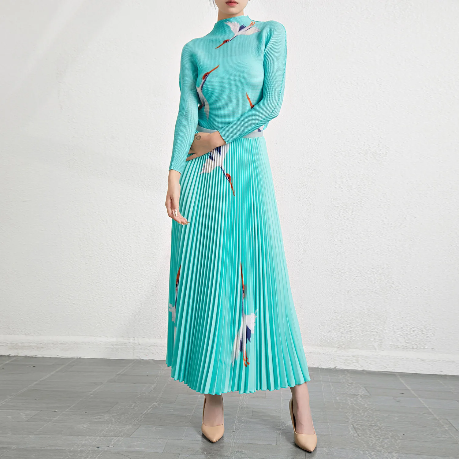 High Quality Miyake Pleated Design Set Chinese Crane Print Pleated Top and Long Pleated Skirt 2 Piece Set