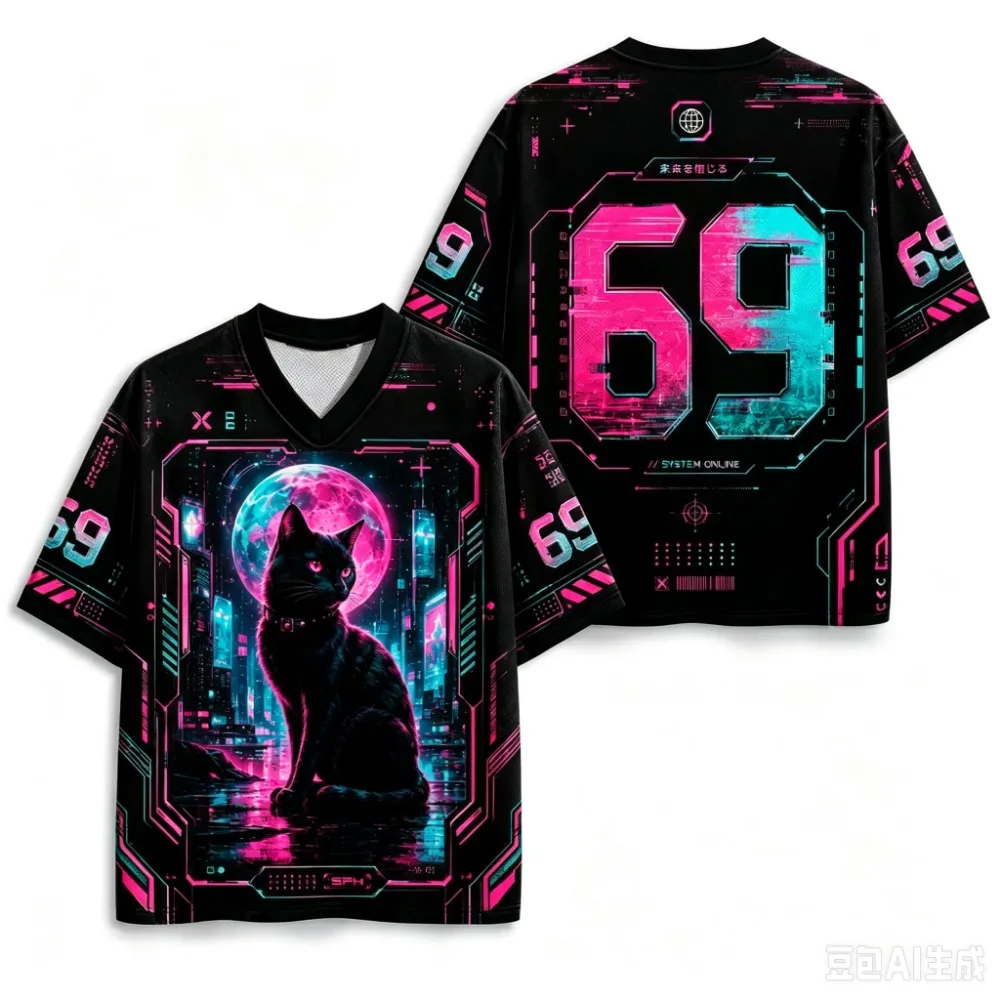 Punk-style Alien Cat 3D Printed Men Women V-Neck Sports Loose T-Shirt Street Breath Quickdry Y2K Fashion Hip-hop Family Clothing