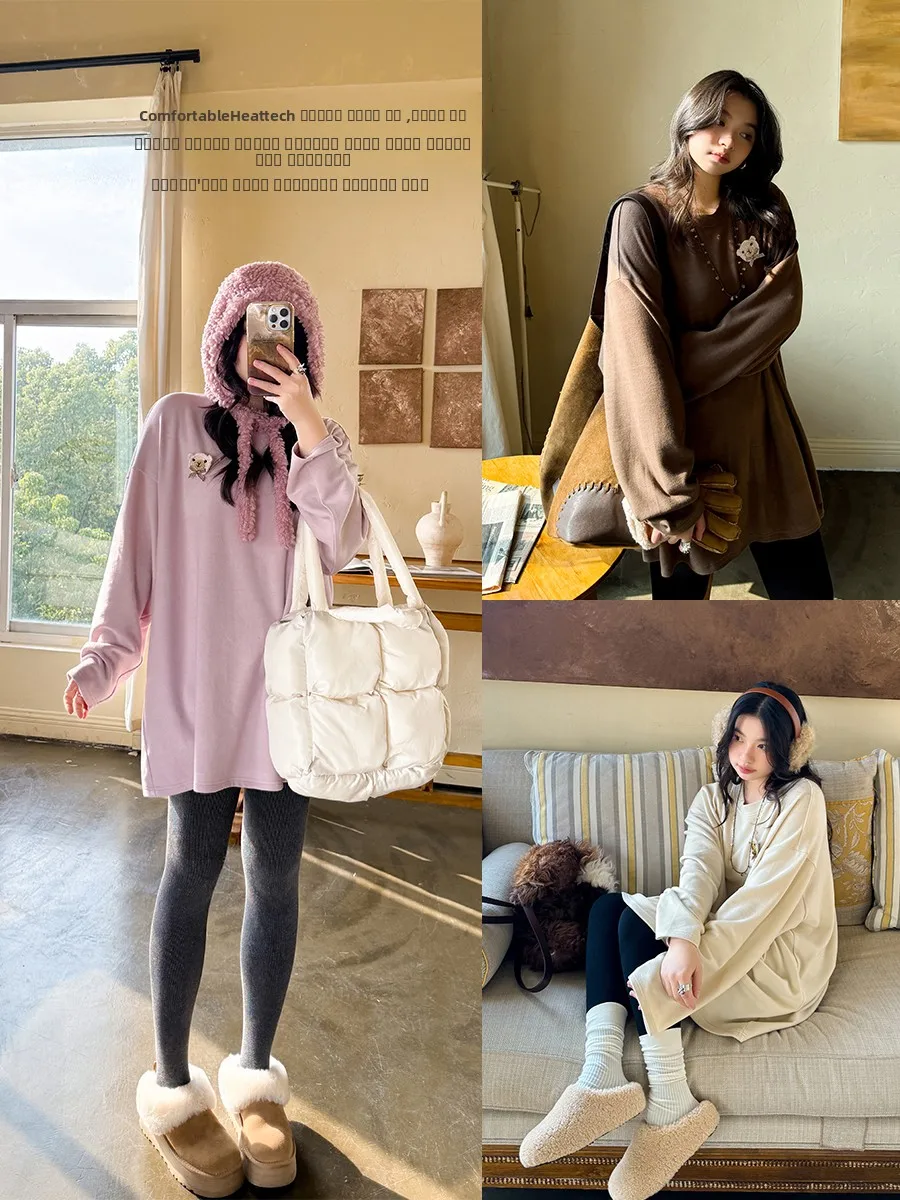 

Thiened Loose Bear Brooch Retro Big T Skirt Butt Covering Anne Forest Women's T-irt Comfortable All-match Daily Wear