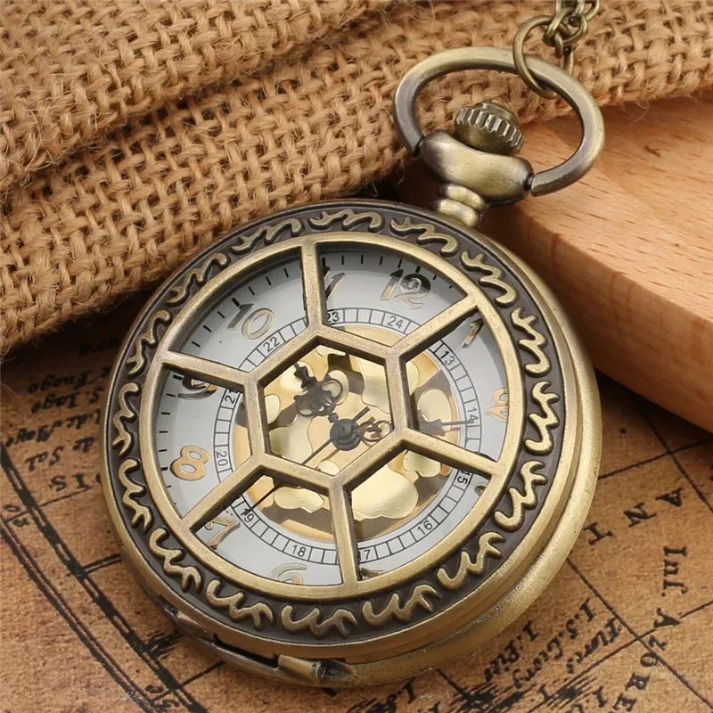 Antique Pocket Watch Half Hunter Retro Hollow Hexagon Grilles Men Women Quartz Analog Clock Sweater Chain Relogio De Bolso