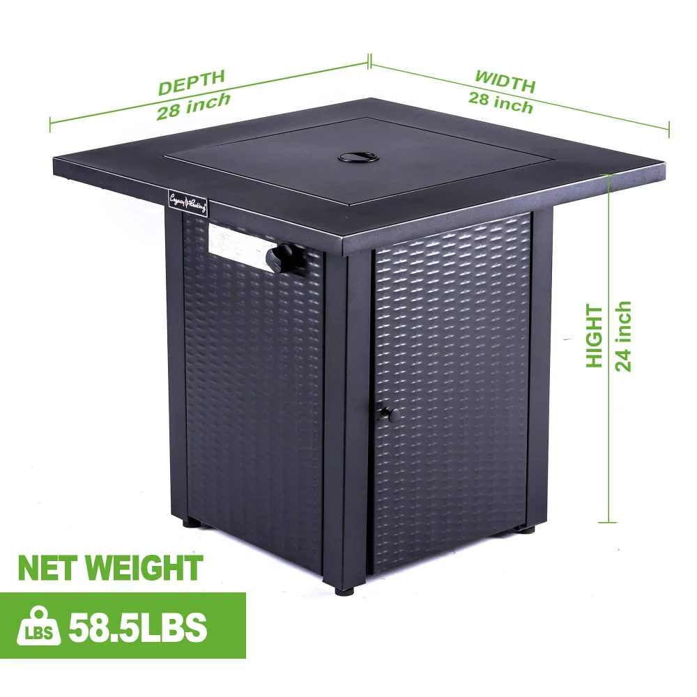 Mesa para fogones de propano para exteriores de 28 pulgadas, 50.000 BTU, mesa para fogones de comedor de gas exterior con tapa, ratán y aspecto de mimbre, piedra de lava