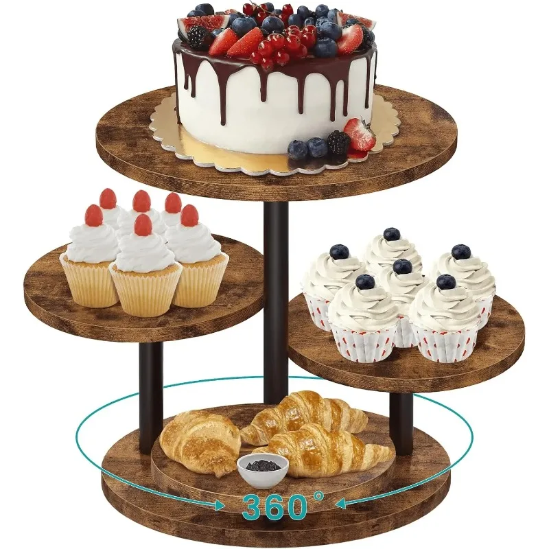 4-Tier Rotating Wood Cake Stand for 50 Cupcakes, Farmhouse Dessert Display for Wedding Birthday Tea Party